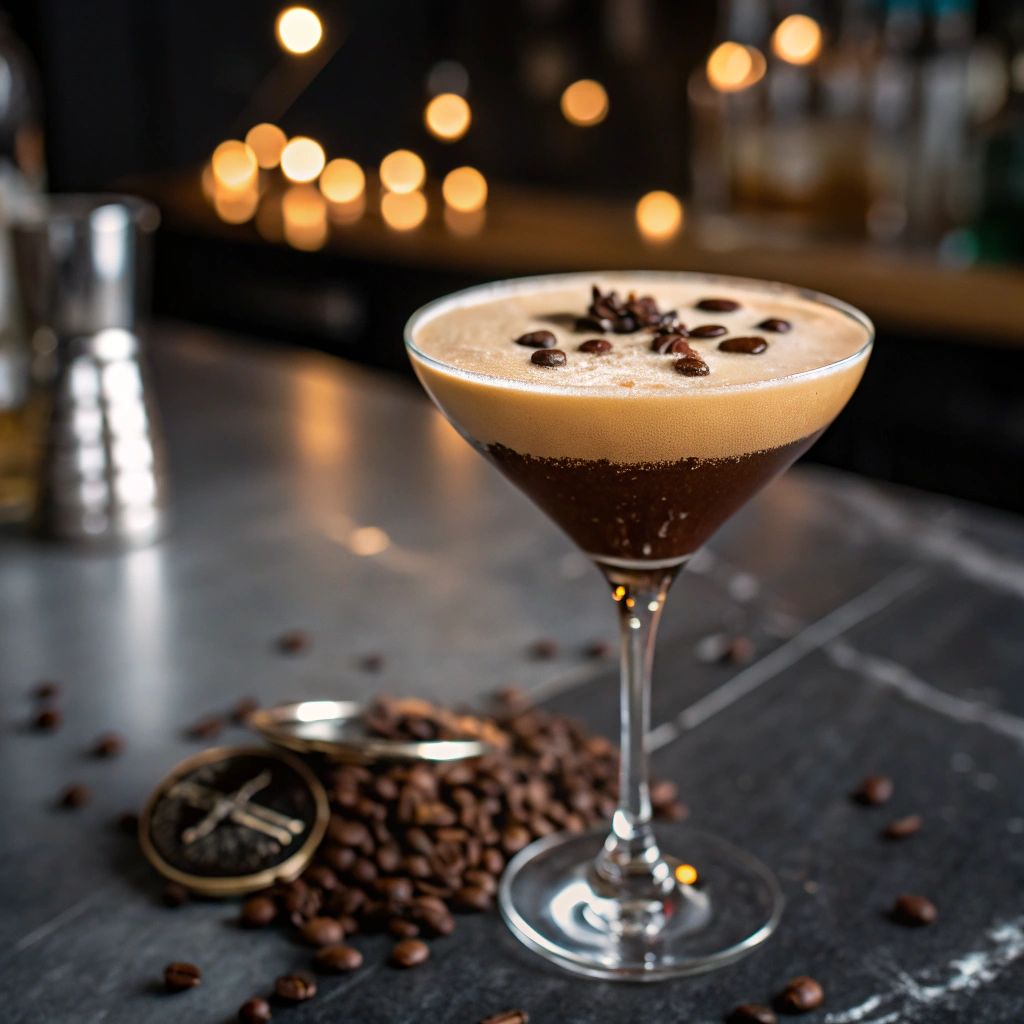 Elegant Espresso Martini with coffee bean garnish